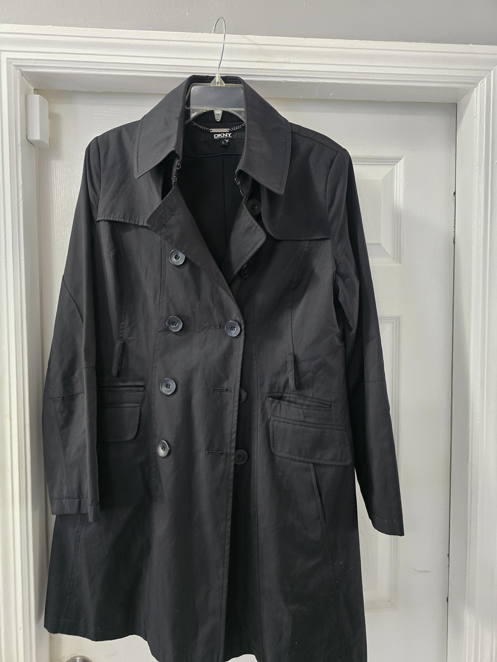 DKNY Black Double-Breasted Trench Coat with Classic Lapels
